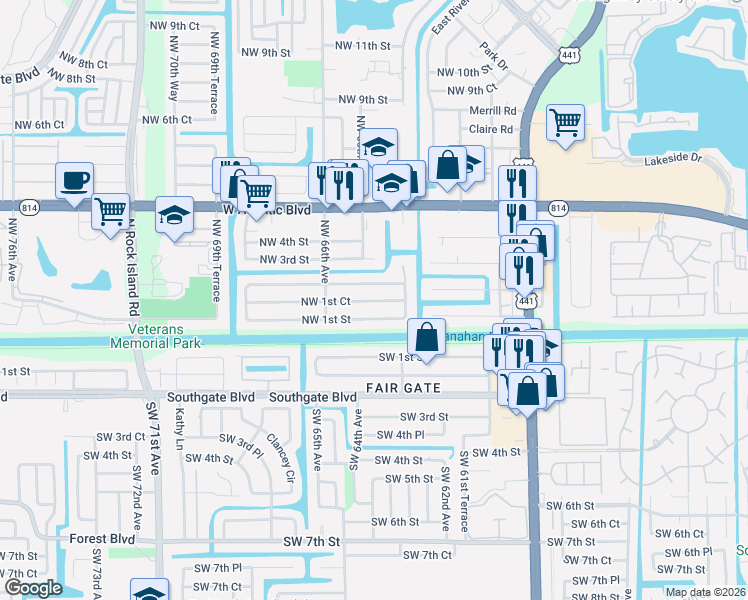 map of restaurants, bars, coffee shops, grocery stores, and more near 6539 Northwest 1st Court in Margate