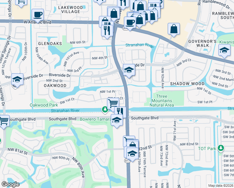 map of restaurants, bars, coffee shops, grocery stores, and more near 9642 Northwest 1st Place in Coral Springs