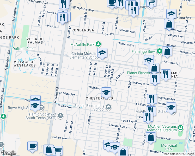 map of restaurants, bars, coffee shops, grocery stores, and more near 2716 North 31st Street in McAllen
