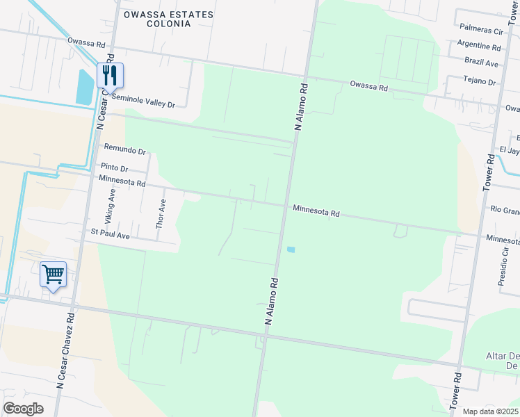 map of restaurants, bars, coffee shops, grocery stores, and more near 1125 Minnesota Road in Alamo