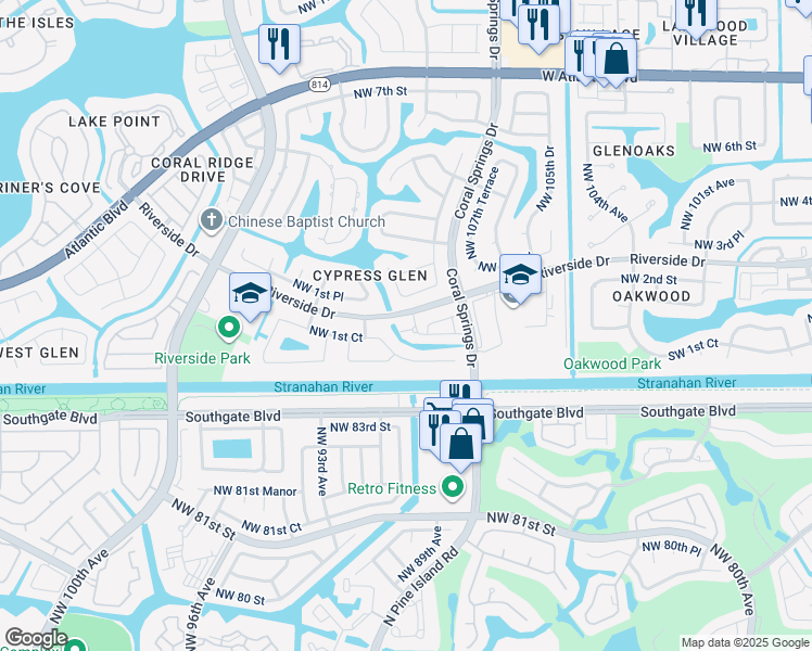map of restaurants, bars, coffee shops, grocery stores, and more near 10884 Cypress Glen Drive in Coral Springs