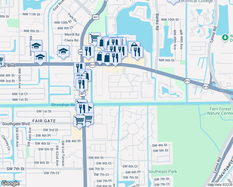 map of restaurants, bars, coffee shops, grocery stores, and more near 5546f Lakewood Circle South in Margate