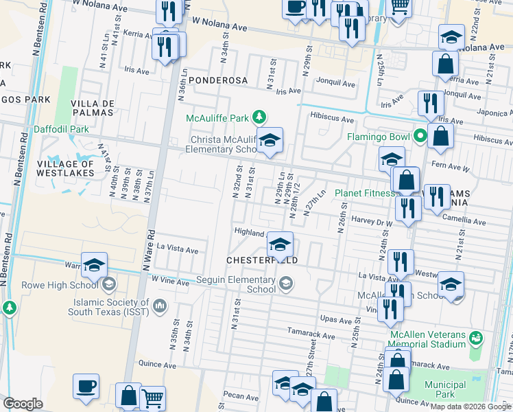 map of restaurants, bars, coffee shops, grocery stores, and more near 2716 North 31st Street in McAllen