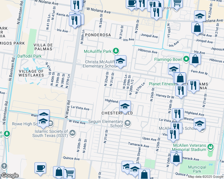 map of restaurants, bars, coffee shops, grocery stores, and more near 2716 North 31st Street in McAllen