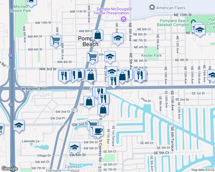 map of restaurants, bars, coffee shops, grocery stores, and more near 205 East Atlantic Boulevard in Pompano Beach