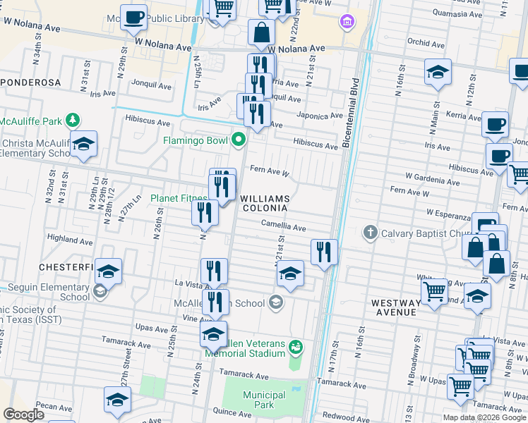map of restaurants, bars, coffee shops, grocery stores, and more near 2201 West Daffodil Avenue in McAllen