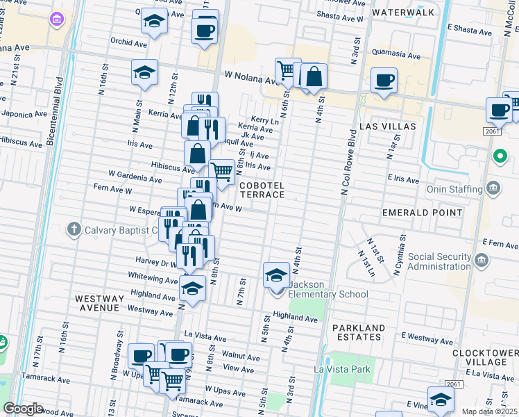 map of restaurants, bars, coffee shops, grocery stores, and more near 600 Fern Avenue in McAllen