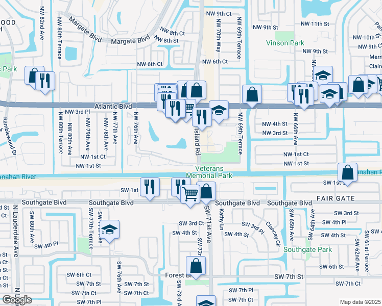 map of restaurants, bars, coffee shops, grocery stores, and more near 357 North Rock Island Road in Margate