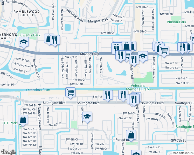 map of restaurants, bars, coffee shops, grocery stores, and more near 201 Northeast 1st Street in Margate