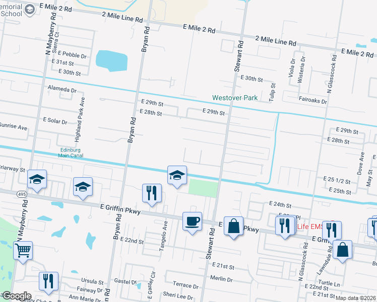 map of restaurants, bars, coffee shops, grocery stores, and more near 2505 Melinda Drive in Mission
