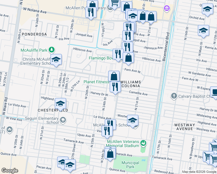 map of restaurants, bars, coffee shops, grocery stores, and more near 2904 North 24th Street in McAllen
