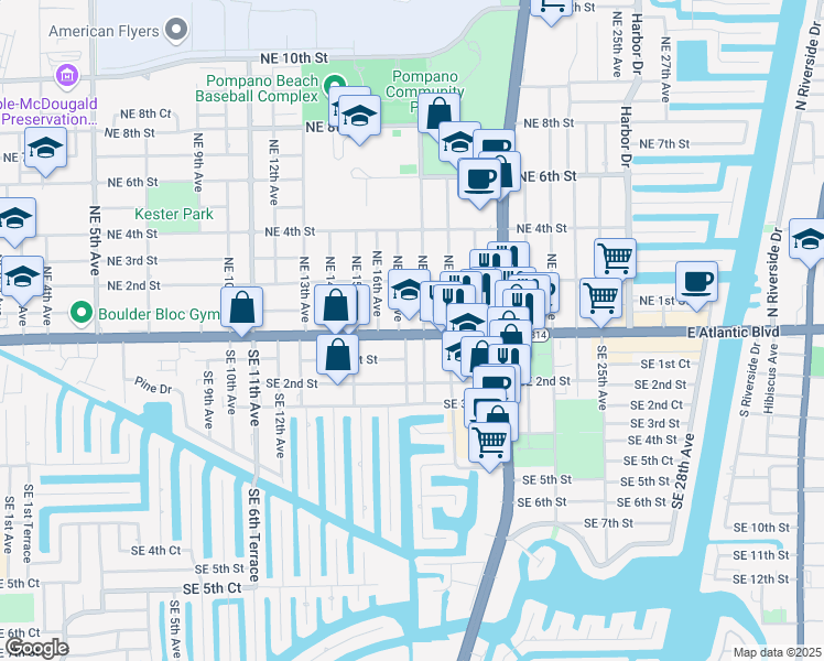 map of restaurants, bars, coffee shops, grocery stores, and more near 1735 East Atlantic Boulevard in Pompano Beach