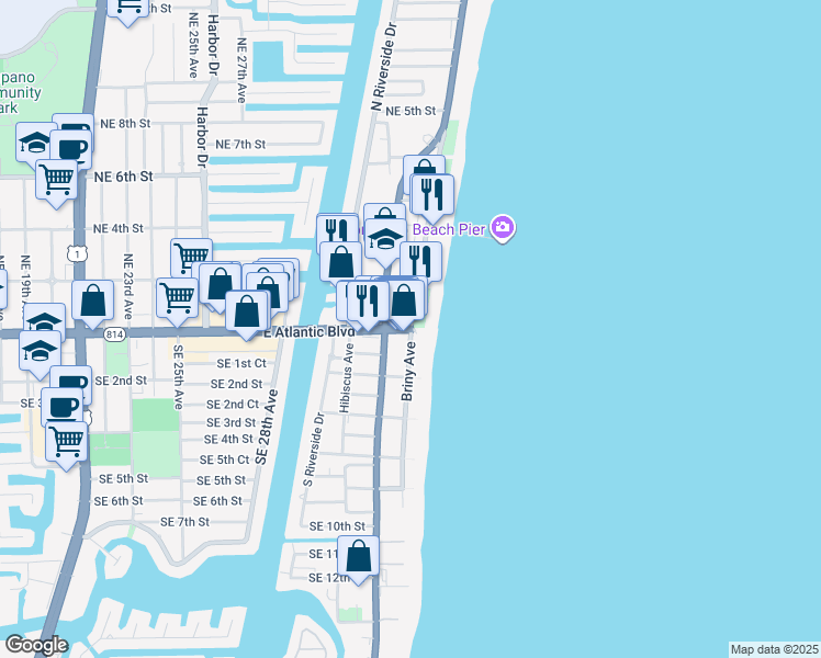 map of restaurants, bars, coffee shops, grocery stores, and more near 1001 North Pompano Beach Boulevard in Pompano Beach