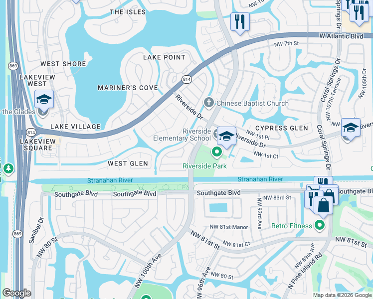 map of restaurants, bars, coffee shops, grocery stores, and more near in Coral Springs