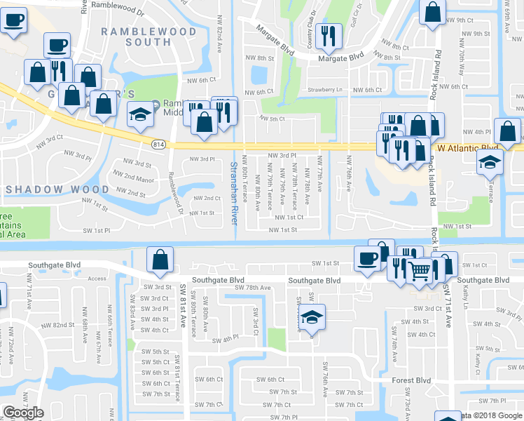 map of restaurants, bars, coffee shops, grocery stores, and more near 140 Northwest 80th Avenue in Margate