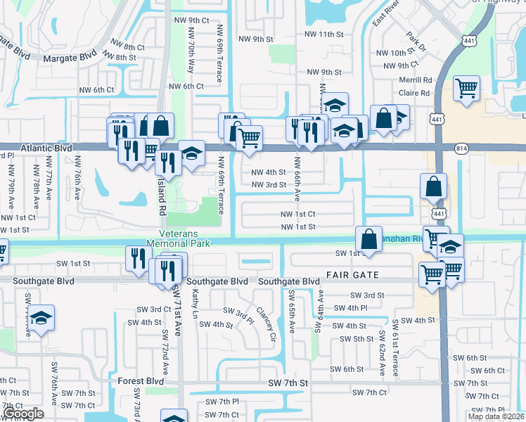 map of restaurants, bars, coffee shops, grocery stores, and more near 6799 Northwest 1st Court in Margate