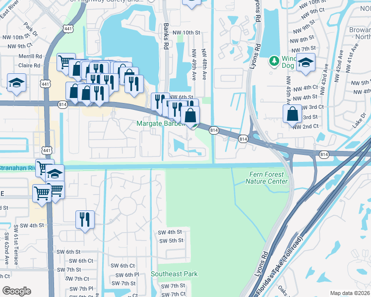 map of restaurants, bars, coffee shops, grocery stores, and more near 200 East Hemingway Circle in Margate