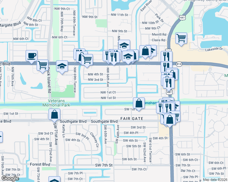 map of restaurants, bars, coffee shops, grocery stores, and more near 6581 Northwest 1st Court in Margate