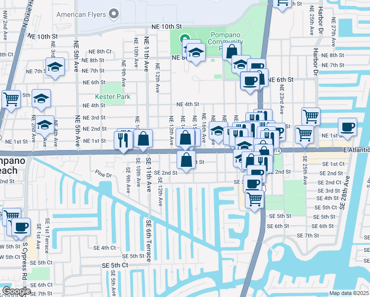 map of restaurants, bars, coffee shops, grocery stores, and more near 1409 East Atlantic Boulevard in Pompano Beach