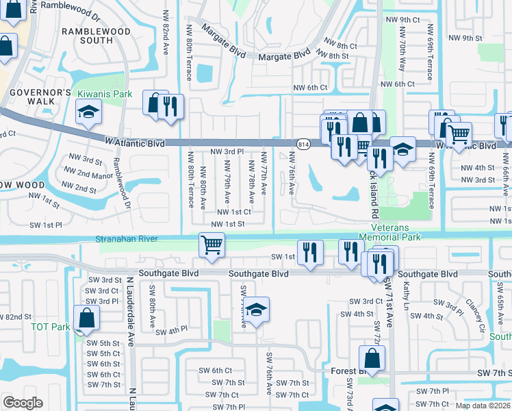 map of restaurants, bars, coffee shops, grocery stores, and more near 140 Northwest 78th Avenue in Margate