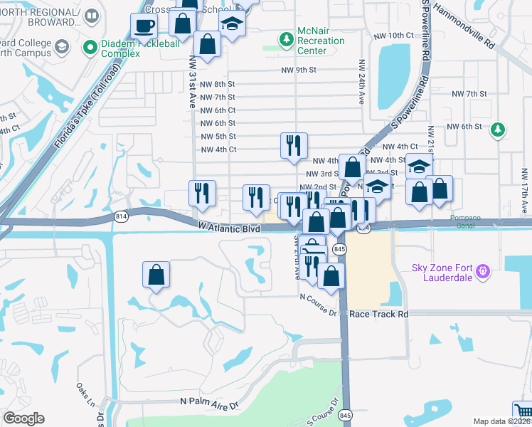 map of restaurants, bars, coffee shops, grocery stores, and more near 2799 Northwest 1st Street in Pompano Beach