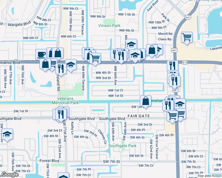map of restaurants, bars, coffee shops, grocery stores, and more near 6645 Northwest 1st Court in Margate