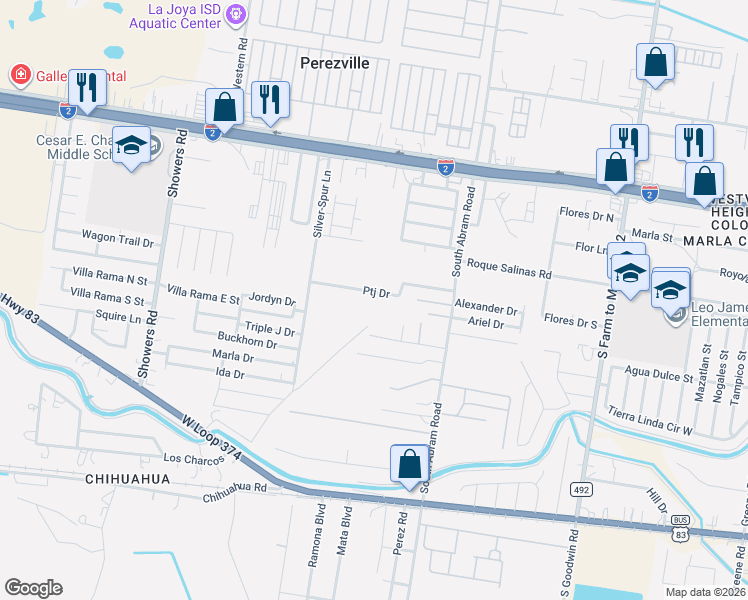 map of restaurants, bars, coffee shops, grocery stores, and more near 3003 Ptj Drive in Palmview
