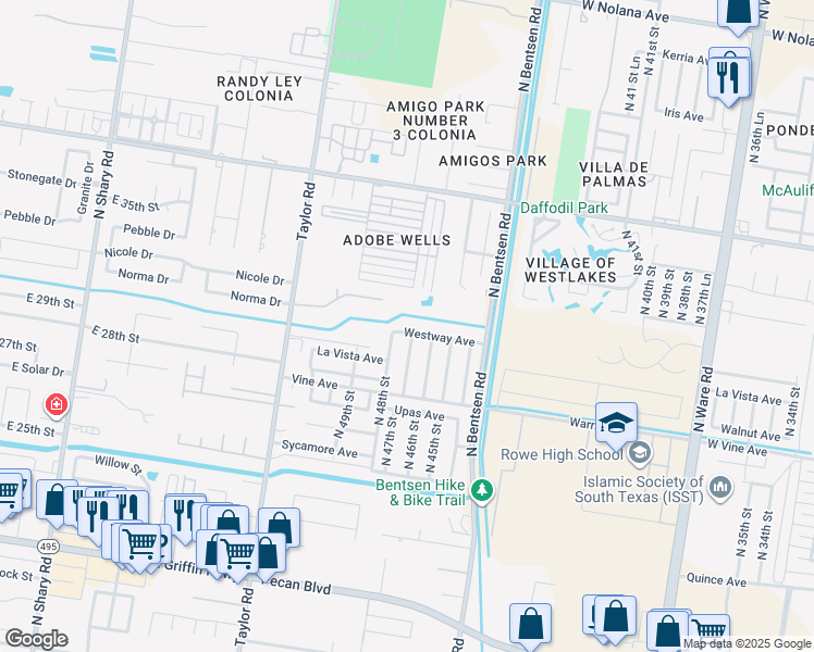 map of restaurants, bars, coffee shops, grocery stores, and more near 4620 Westway Avenue in McAllen