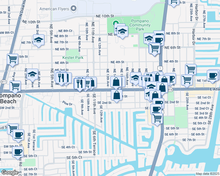 map of restaurants, bars, coffee shops, grocery stores, and more near 121 Northeast 13th Avenue in Pompano Beach