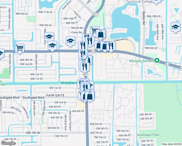 map of restaurants, bars, coffee shops, grocery stores, and more near 206 Margate Court in Margate