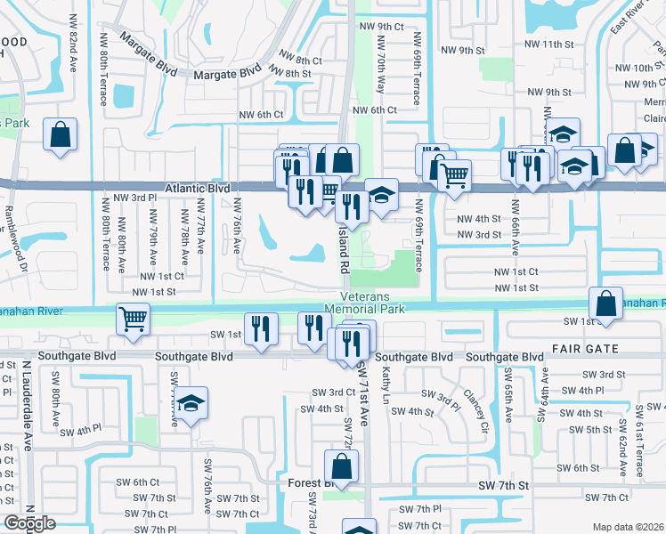 map of restaurants, bars, coffee shops, grocery stores, and more near 357 North Rock Island Road in Margate