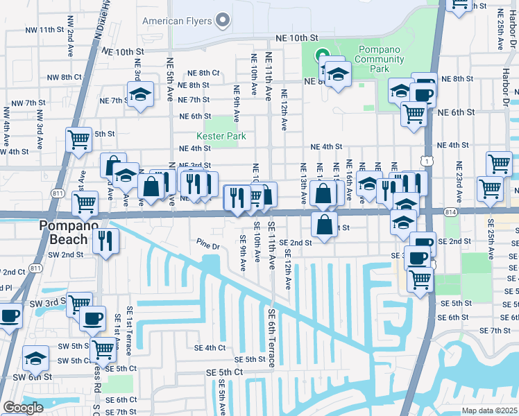 map of restaurants, bars, coffee shops, grocery stores, and more near 1003 East Atlantic Boulevard in Pompano Beach