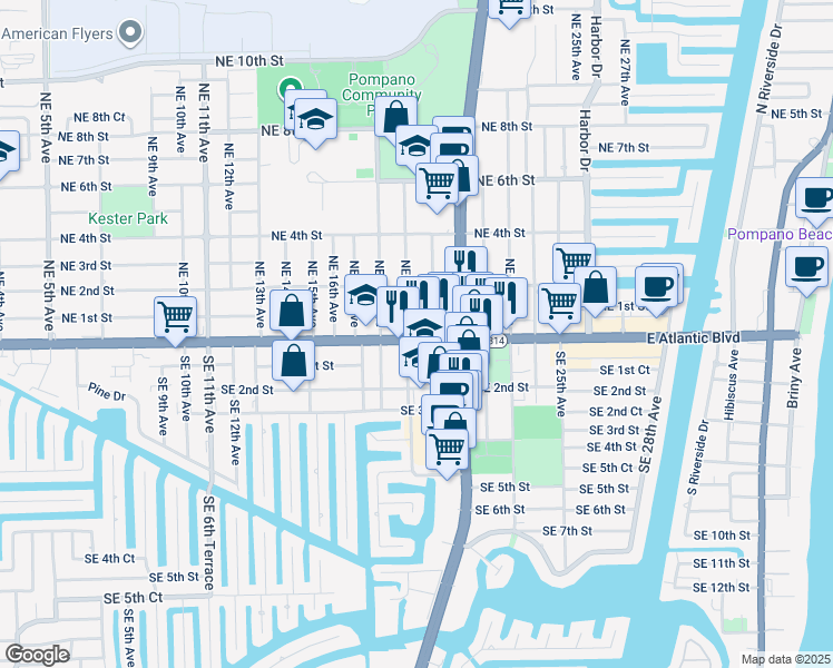 map of restaurants, bars, coffee shops, grocery stores, and more near 1913 East Atlantic Boulevard in Pompano Beach