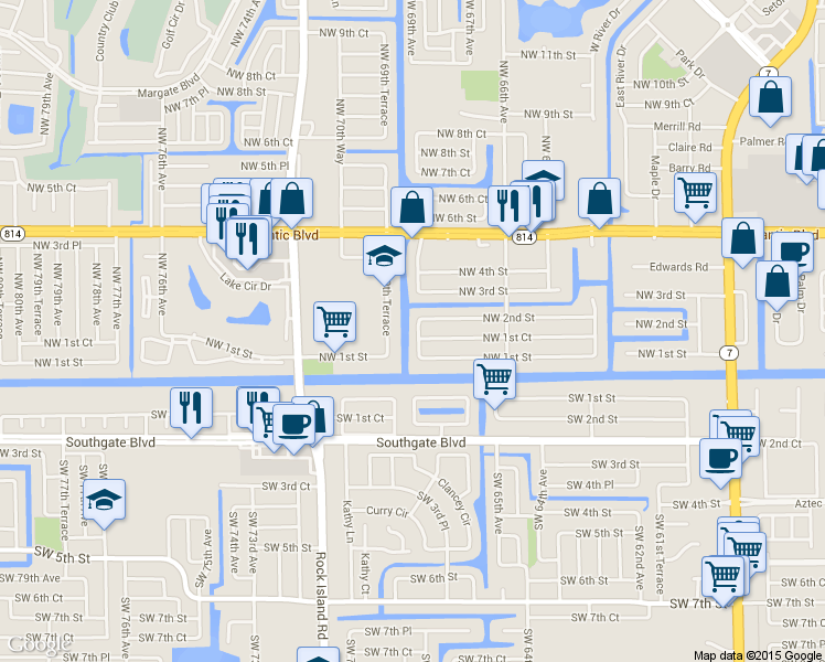 map of restaurants, bars, coffee shops, grocery stores, and more near 179 Northwest 69th Avenue in Margate