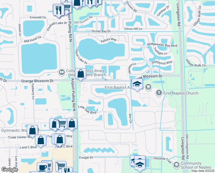 map of restaurants, bars, coffee shops, grocery stores, and more near 6990 Lone Oak Boulevard in Naples