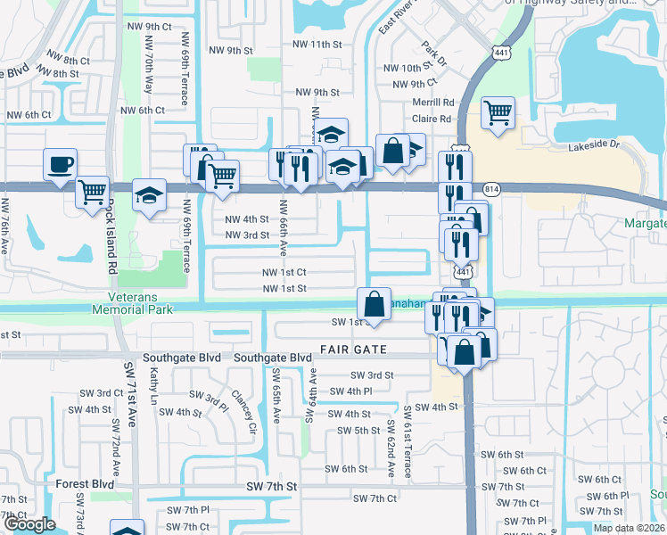 map of restaurants, bars, coffee shops, grocery stores, and more near 6539 Northwest 1st Court in Margate