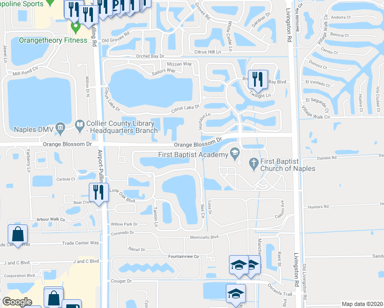 map of restaurants, bars, coffee shops, grocery stores, and more near 7078 Lone Oak Boulevard in Naples