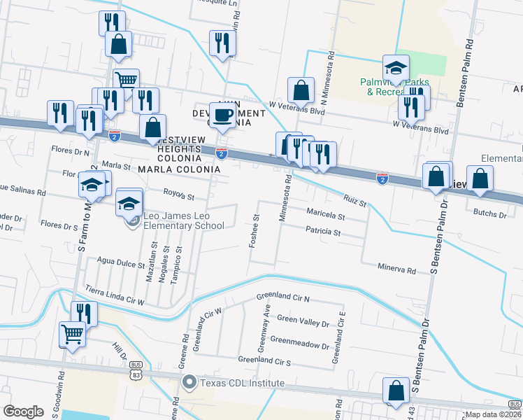 map of restaurants, bars, coffee shops, grocery stores, and more near 404 Foshee Street in Palmview