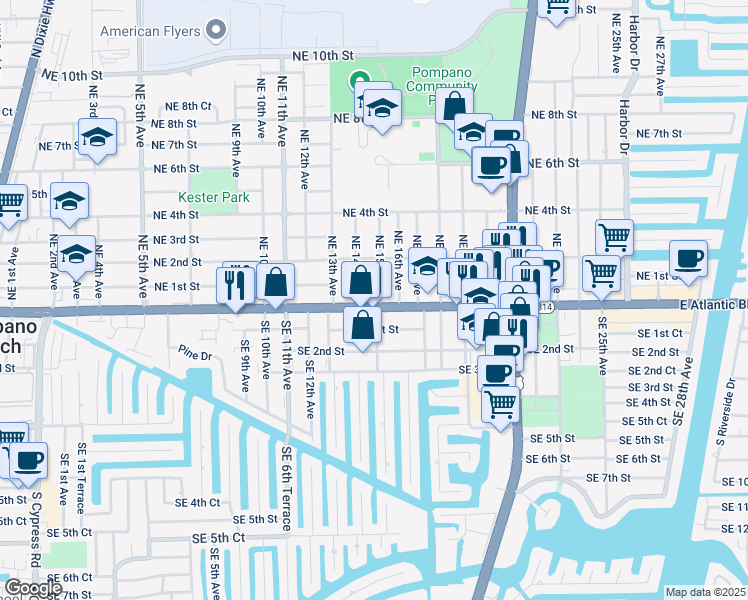 map of restaurants, bars, coffee shops, grocery stores, and more near 1409 East Atlantic Boulevard in Pompano Beach