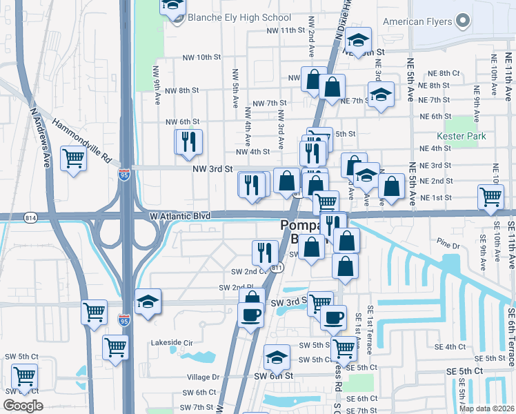 map of restaurants, bars, coffee shops, grocery stores, and more near 341 West Atlantic Boulevard in Pompano Beach