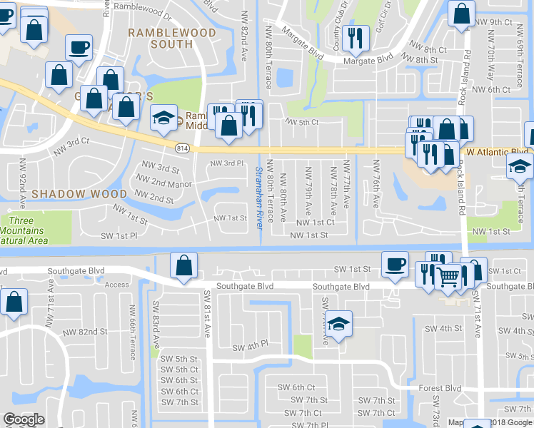 map of restaurants, bars, coffee shops, grocery stores, and more near 149 Northwest 80th Terrace in Margate