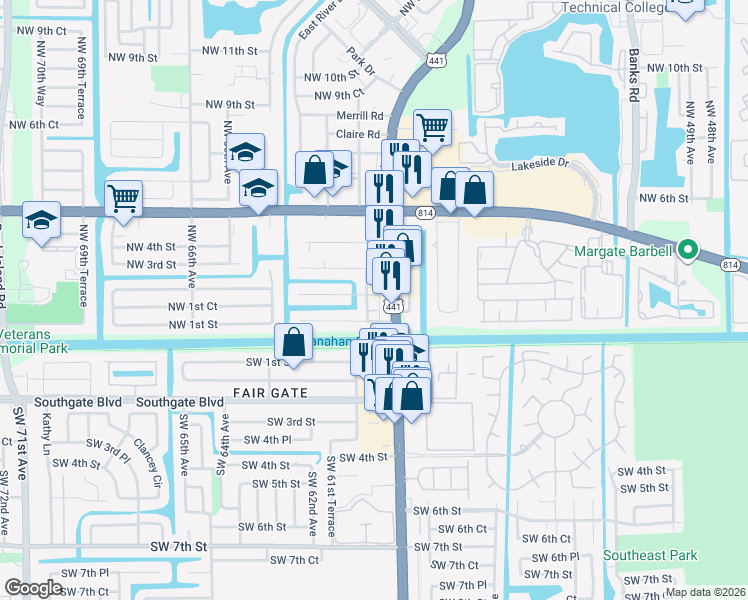 map of restaurants, bars, coffee shops, grocery stores, and more near 193 Florida 7 in Margate