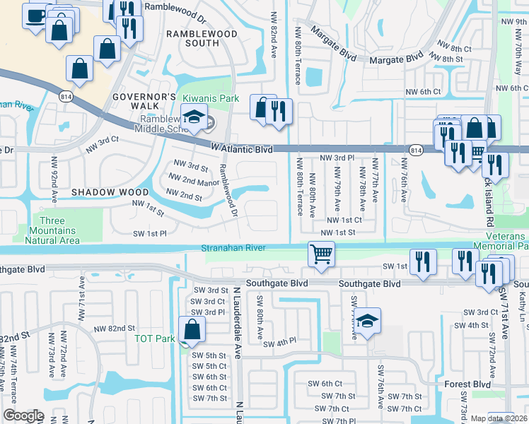 map of restaurants, bars, coffee shops, grocery stores, and more near 8139 Northwest 1st Street in Coral Springs