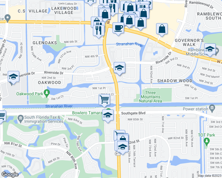 map of restaurants, bars, coffee shops, grocery stores, and more near 9642 Northwest 1st Place in Coral Springs