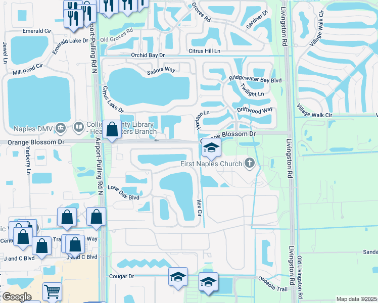map of restaurants, bars, coffee shops, grocery stores, and more near 7081 Lone Oak Boulevard in Naples