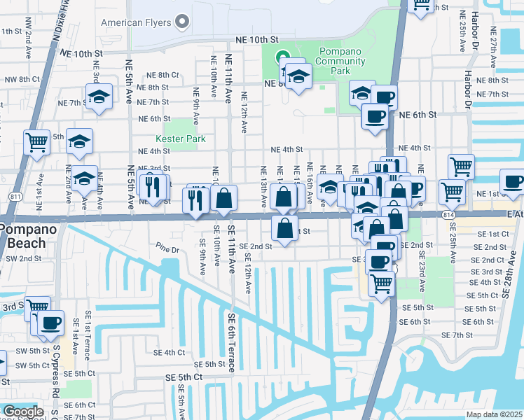 map of restaurants, bars, coffee shops, grocery stores, and more near 121 Northeast 13th Avenue in Pompano Beach