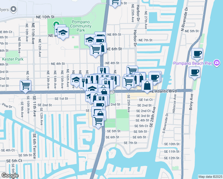 map of restaurants, bars, coffee shops, grocery stores, and more near 2217 East Atlantic Boulevard in Pompano Beach