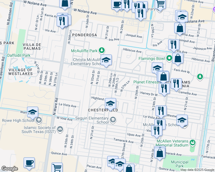 map of restaurants, bars, coffee shops, grocery stores, and more near 2801 North 29th Lane in McAllen