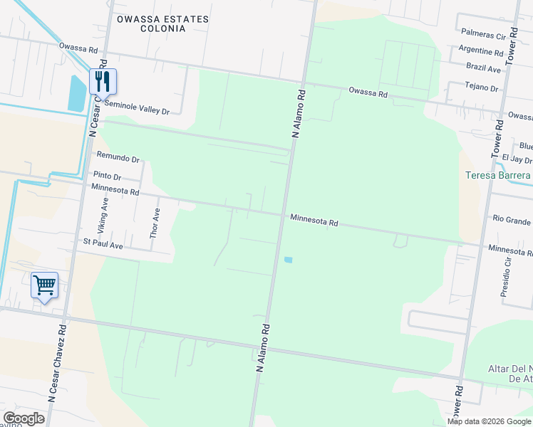 map of restaurants, bars, coffee shops, grocery stores, and more near 1125 Minnesota Road in Alamo