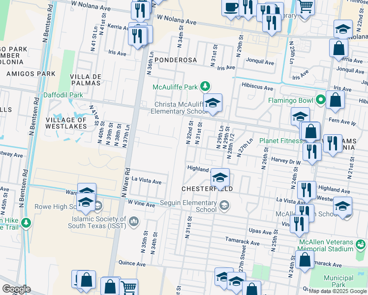 map of restaurants, bars, coffee shops, grocery stores, and more near 2717 North 32nd Street in McAllen
